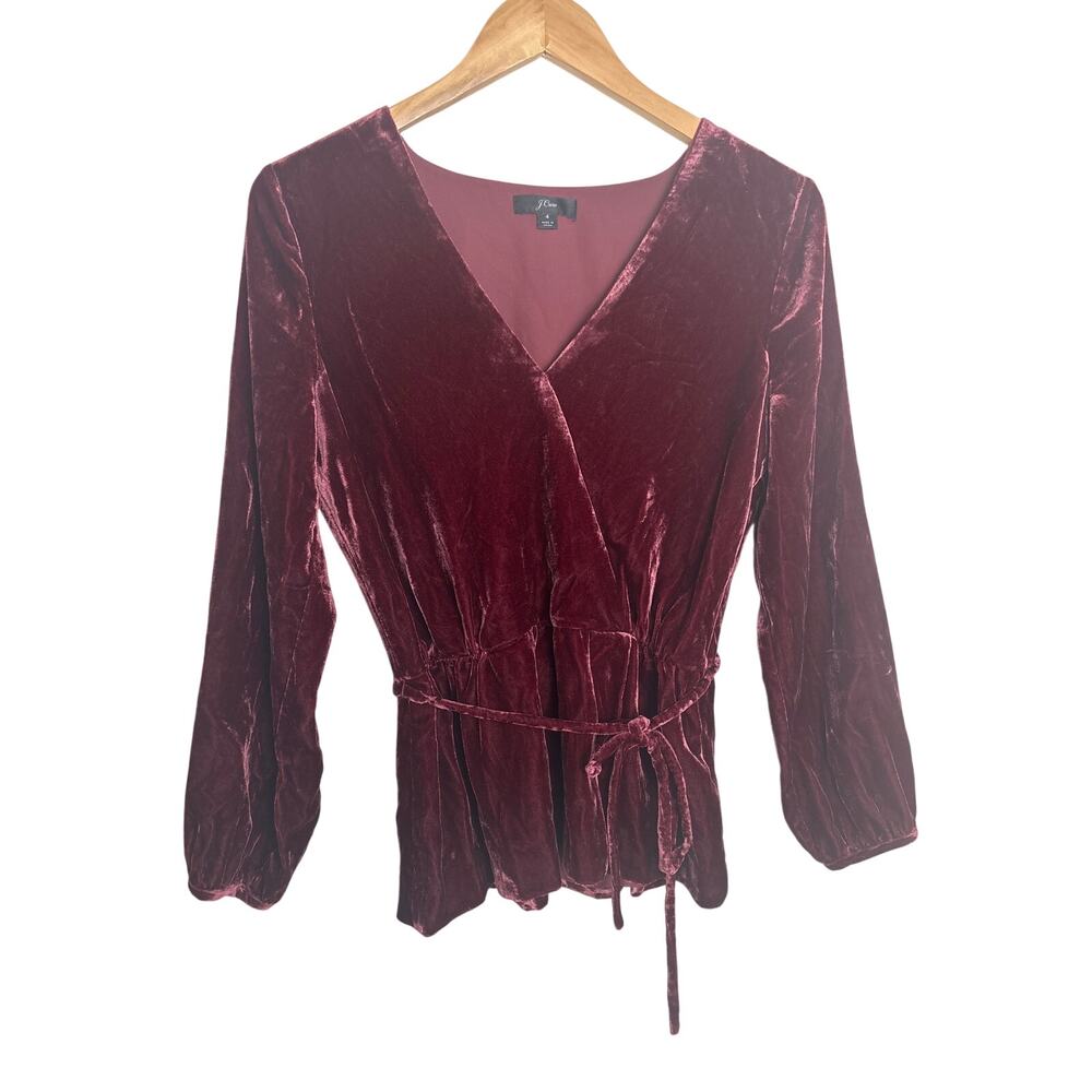 J.Crew Burgundy Velvet Wrap Style Peplum Top Tie Waist Long Sleeve Size 4